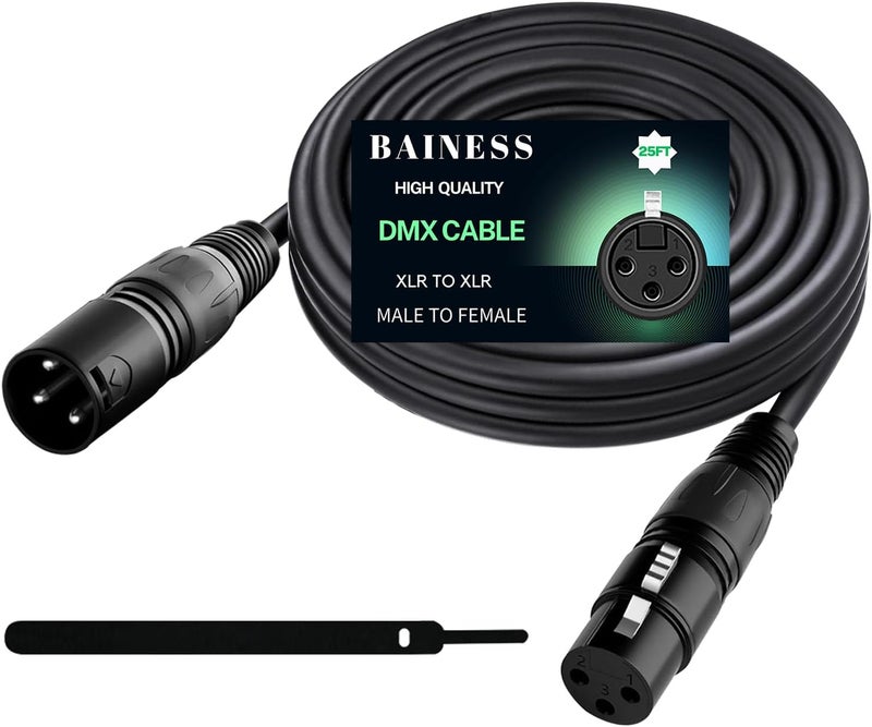 BAINESS 25ft Flexible DMX Cable 3 Pin Signal XLR Male to Female DMX Cables Wire for Stage Lighting, DJ Lights, Moving Head & Par LED Fixtures, Black - Image 1